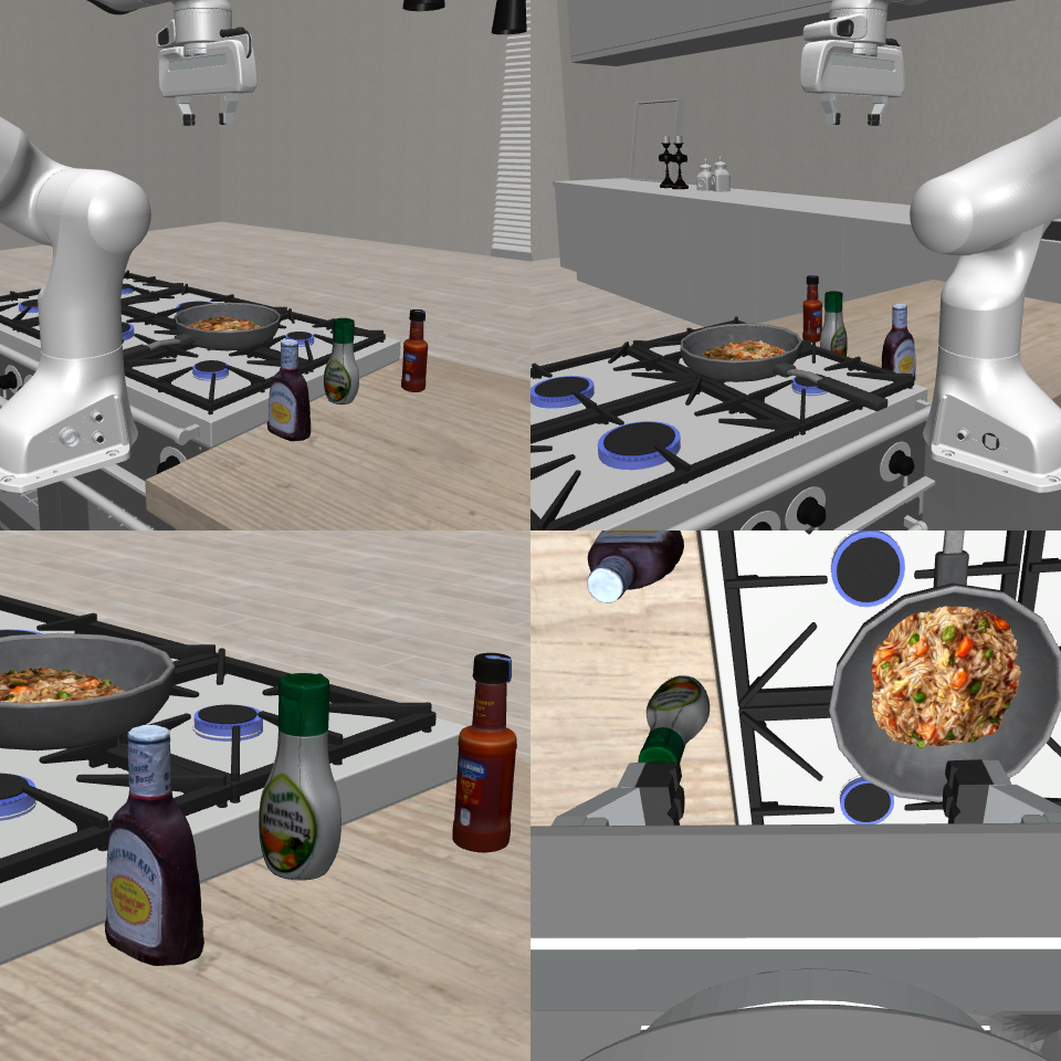 Four-camera RGB view of a VLABench kitchen scene with a pan and condiment bottles.